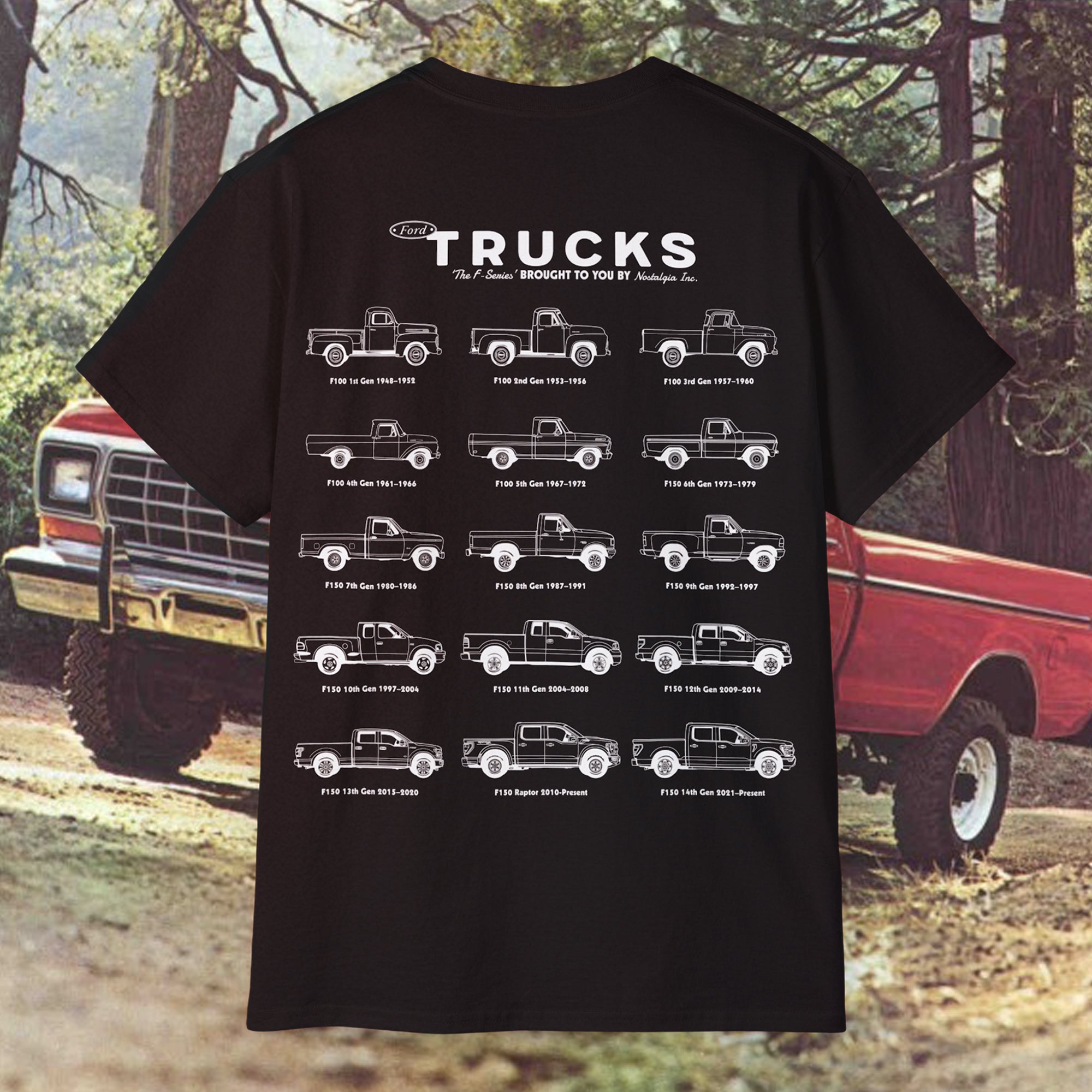 T-shirt design showcasing the evolution of the legendary Ford F-150 pickup truck, from vintage classics to modern models. Featuring detailed side-profile illustrations of the most iconic F-150s throughout the decades, this collector’s tee is perfect for Ford truck fans, American pickup lovers, and automotive history buffs. Printed on a relaxed fit cotton tee—ideal for car meets, garage days, or everyday wear. Great gift idea for Ford enthusiasts.