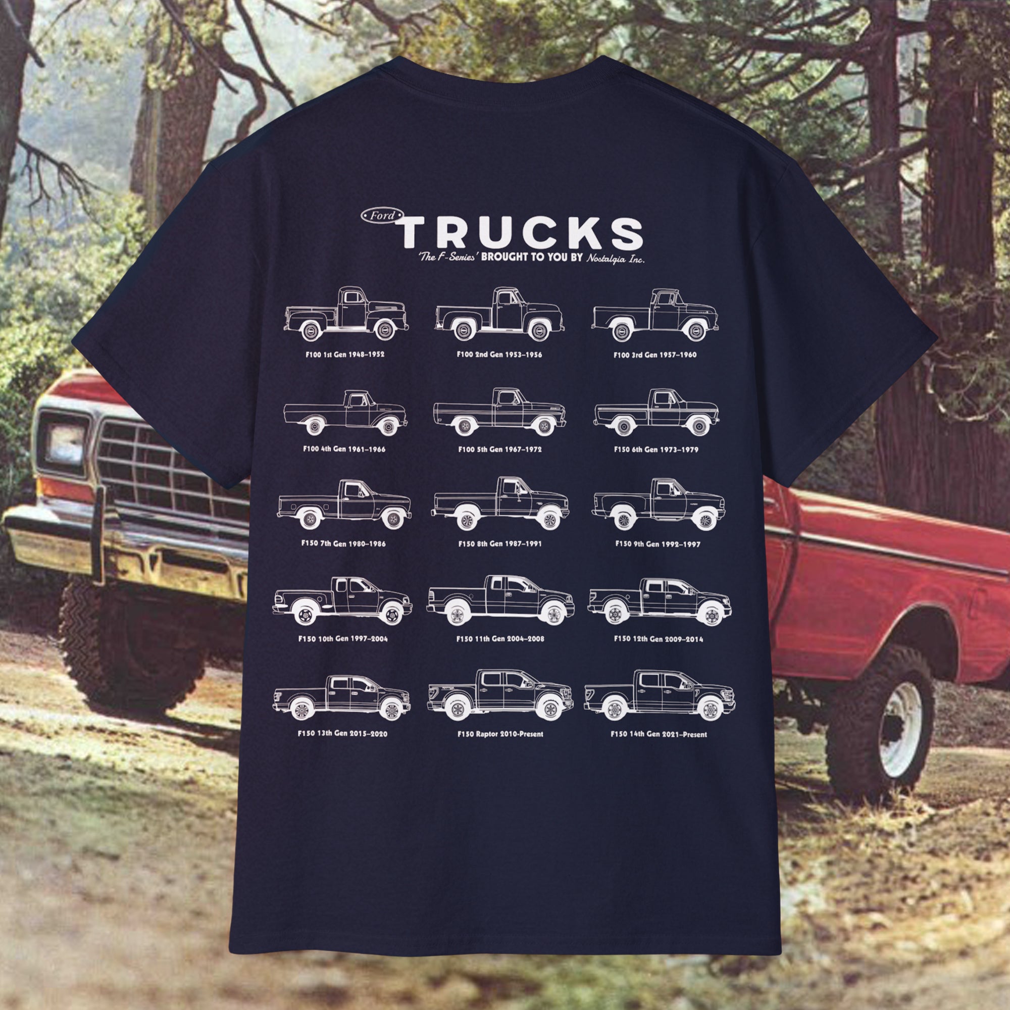 T-shirt design showcasing the evolution of the legendary Ford F-150 pickup truck, from vintage classics to modern models. Featuring detailed side-profile illustrations of the most iconic F-150s throughout the decades, this collector’s tee is perfect for Ford truck fans, American pickup lovers, and automotive history buffs. Printed on a relaxed fit cotton tee—ideal for car meets, garage days, or everyday wear. Great gift idea for Ford enthusiasts.