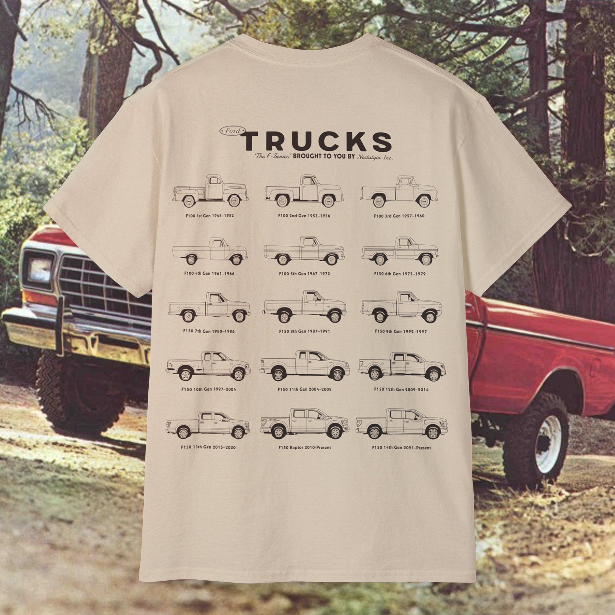 T-shirt design showcasing the evolution of the legendary Ford F-150 pickup truck, from vintage classics to modern models. Featuring detailed side-profile illustrations of the most iconic F-150s throughout the decades, this collector’s tee is perfect for Ford truck fans, American pickup lovers, and automotive history buffs. Printed on a relaxed fit cotton tee—ideal for car meets, garage days, or everyday wear. Great gift idea for Ford enthusiasts.