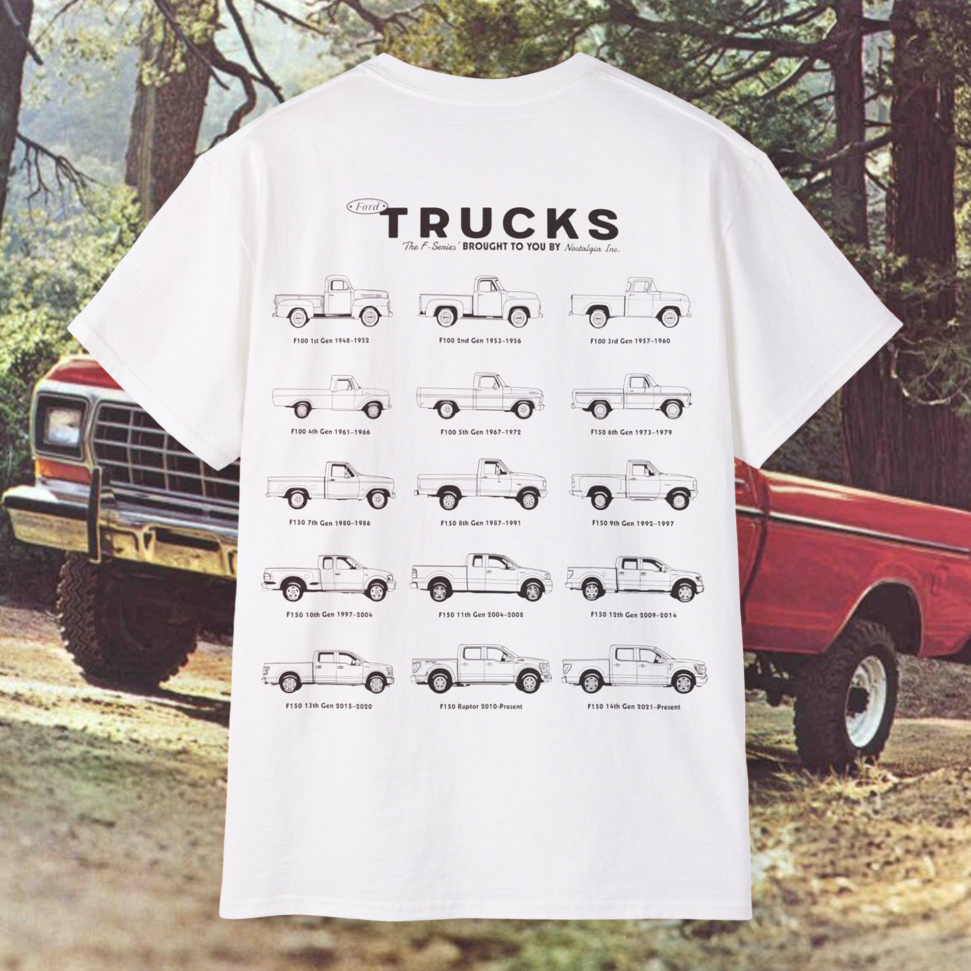 T-shirt design showcasing the evolution of the legendary Ford F-150 pickup truck, from vintage classics to modern models. Featuring detailed side-profile illustrations of the most iconic F-150s throughout the decades, this collector’s tee is perfect for Ford truck fans, American pickup lovers, and automotive history buffs. Printed on a relaxed fit cotton tee—ideal for car meets, garage days, or everyday wear. Great gift idea for Ford enthusiasts.