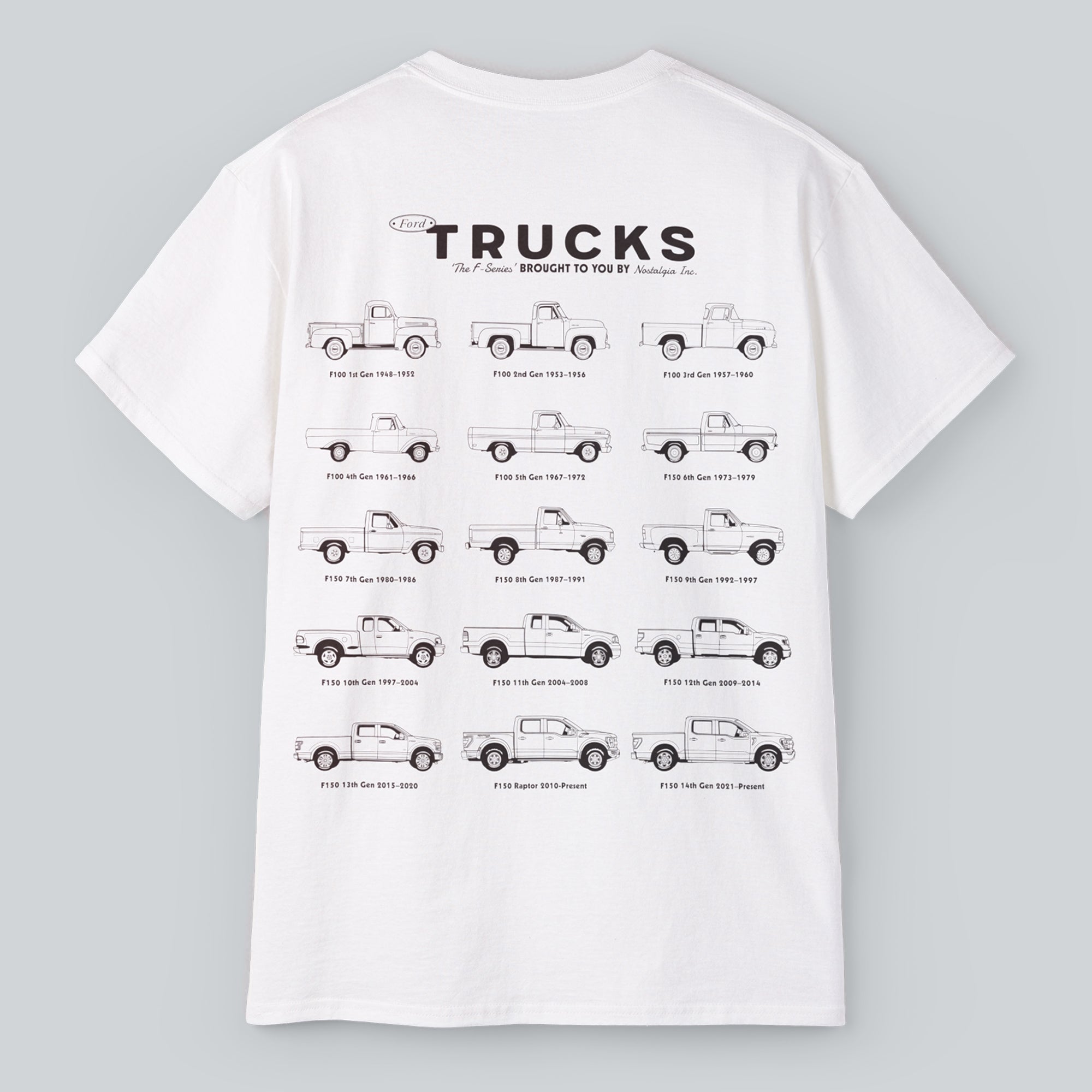 T-shirt design showcasing the evolution of the legendary Ford F-150 pickup truck, from vintage classics to modern models. Featuring detailed side-profile illustrations of the most iconic F-150s throughout the decades, this collector’s tee is perfect for Ford truck fans, American pickup lovers, and automotive history buffs. Printed on a relaxed fit cotton tee—ideal for car meets, garage days, or everyday wear. Great gift idea for Ford enthusiasts.