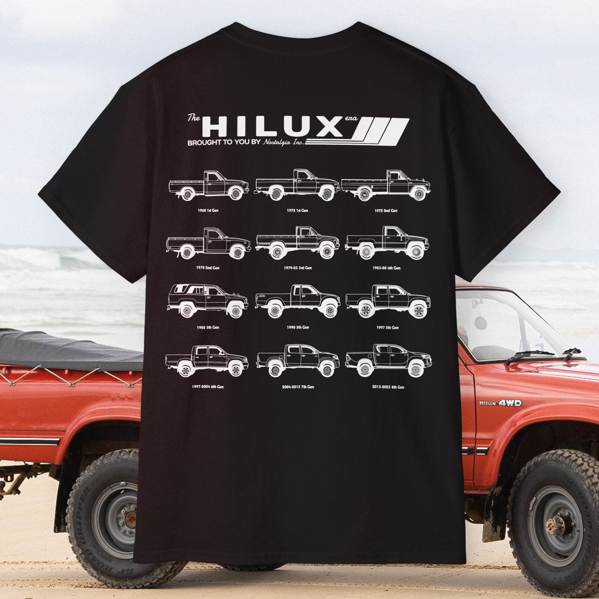 T-shirt graphic featuring six generations of classic Toyota Hilux pickup trucks in clean, side-profile line drawings. Captioned “The Hilux Era,” this design celebrates the evolution of the iconic utility vehicle, from the 1968 1st Gen to later models. Perfect for Hilux fans, JDM truck enthusiasts, and vintage ute collectors. Printed in black and white on a relaxed fit tee—ideal for car shows, garage wear, or daily style.