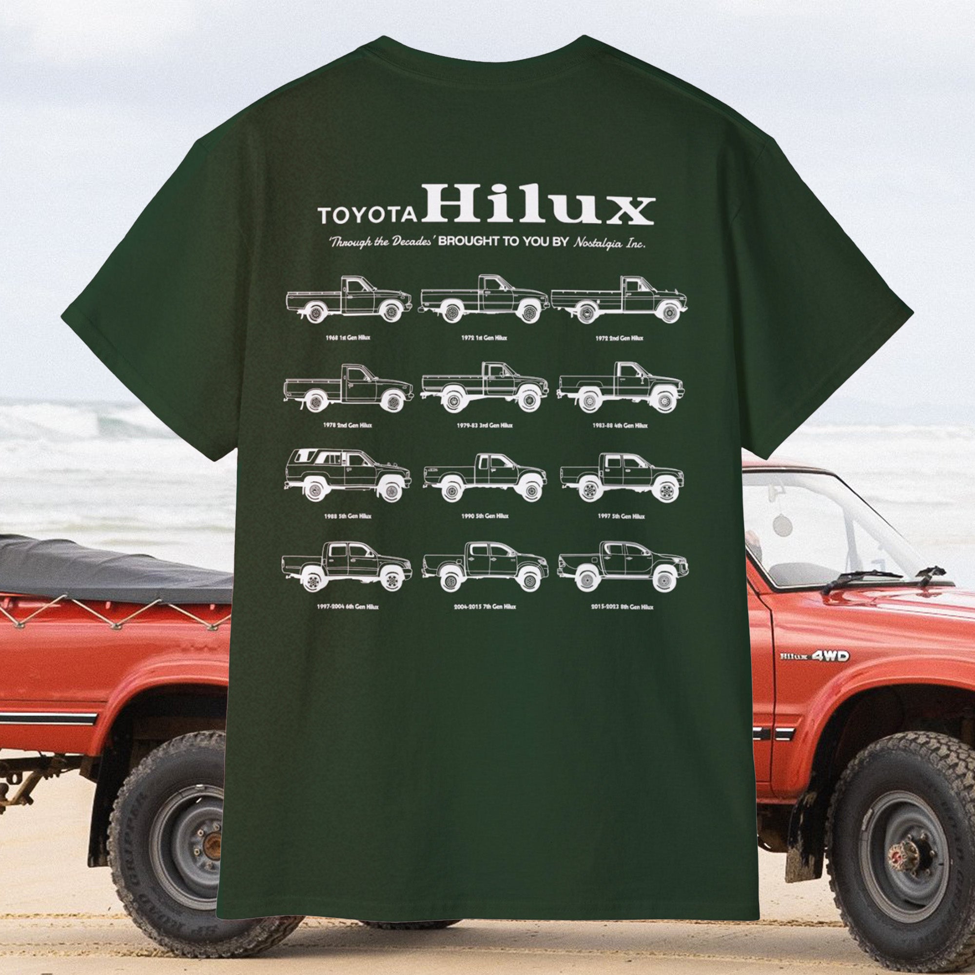 T-shirt graphic featuring six generations of classic Toyota Hilux pickup trucks in clean, side-profile line drawings. Captioned “The Hilux Era,” this design celebrates the evolution of the iconic utility vehicle, from the 1968 1st Gen to later models. Perfect for Hilux fans, JDM truck enthusiasts, and vintage ute collectors. Printed in black and white on a relaxed fit tee—ideal for car shows, garage wear, or daily style.
