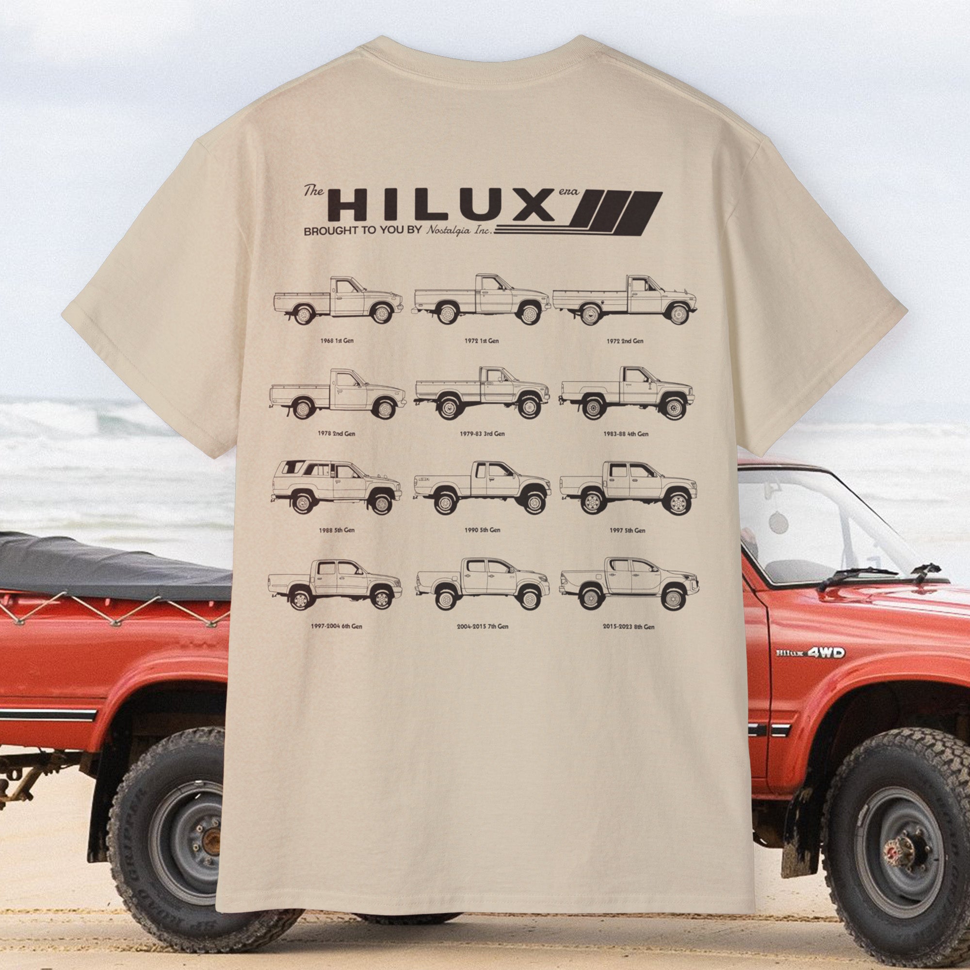 T-shirt graphic featuring six generations of classic Toyota Hilux pickup trucks in clean, side-profile line drawings. Captioned “The Hilux Era,” this design celebrates the evolution of the iconic utility vehicle, from the 1968 1st Gen to later models. Perfect for Hilux fans, JDM truck enthusiasts, and vintage ute collectors. Printed in black and white on a relaxed fit tee—ideal for car shows, garage wear, or daily style.