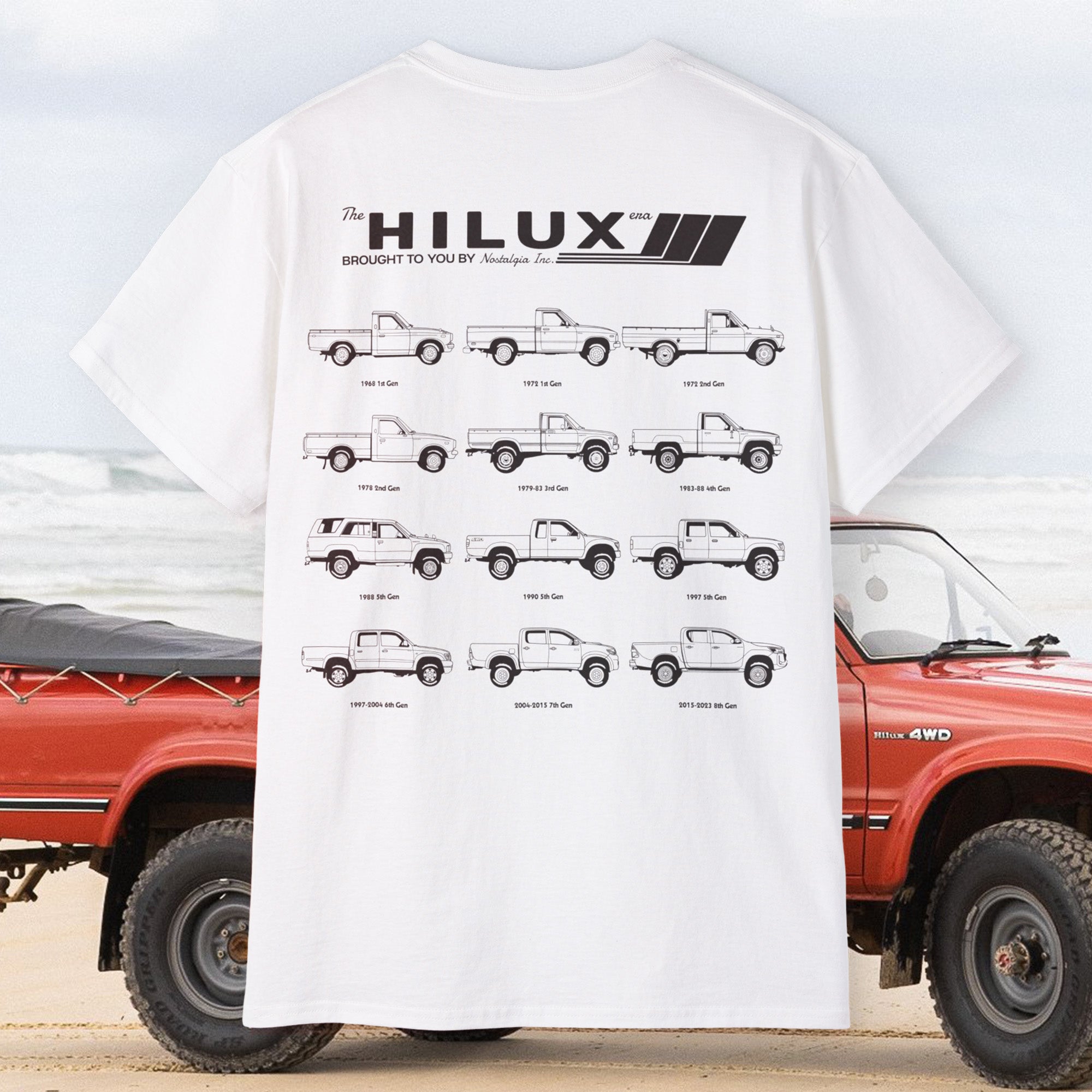 T-shirt graphic featuring six generations of classic Toyota Hilux pickup trucks in clean, side-profile line drawings. Captioned “The Hilux Era,” this design celebrates the evolution of the iconic utility vehicle, from the 1968 1st Gen to later models. Perfect for Hilux fans, JDM truck enthusiasts, and vintage ute collectors. Printed in black and white on a relaxed fit tee—ideal for car shows, garage wear, or daily style.