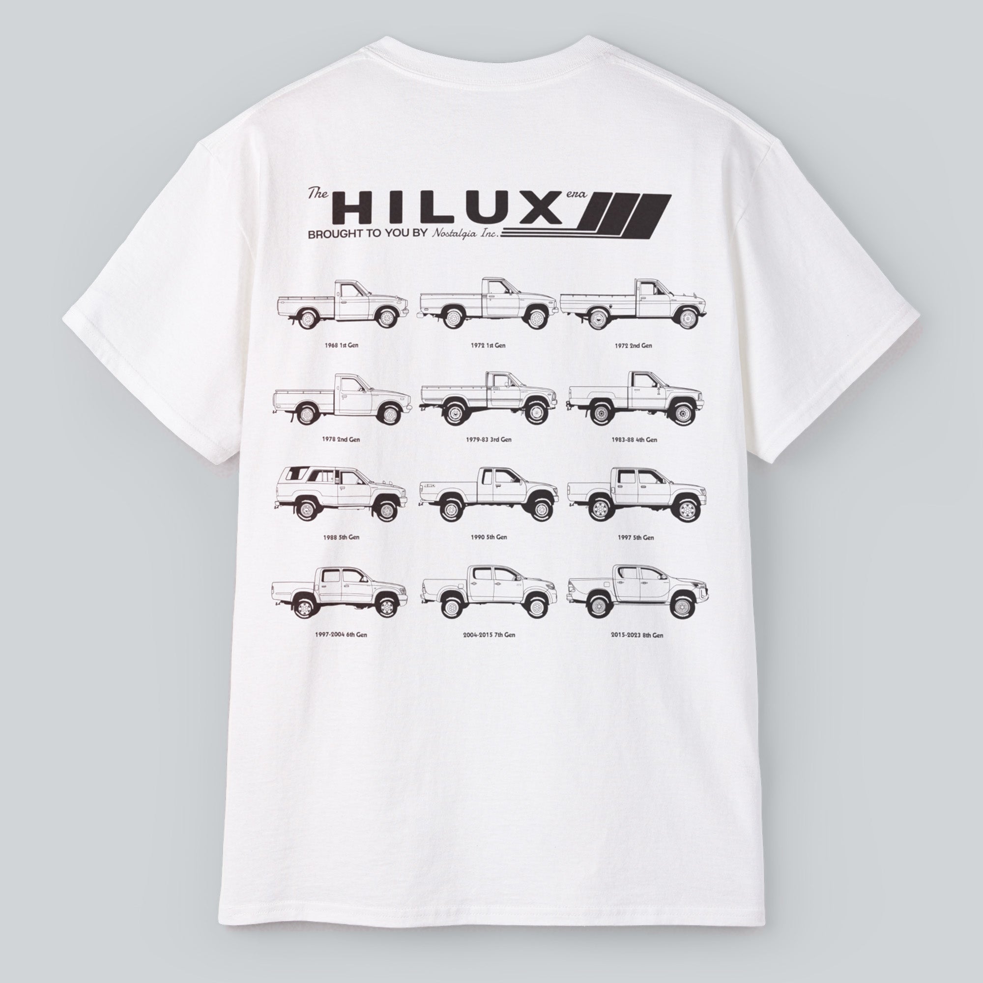 T-shirt graphic featuring six generations of classic Toyota Hilux pickup trucks in clean, side-profile line drawings. Captioned “The Hilux Era,” this design celebrates the evolution of the iconic utility vehicle, from the 1968 1st Gen to later models. Perfect for Hilux fans, JDM truck enthusiasts, and vintage ute collectors. Printed in black and white on a relaxed fit tee—ideal for car shows, garage wear, or daily style.