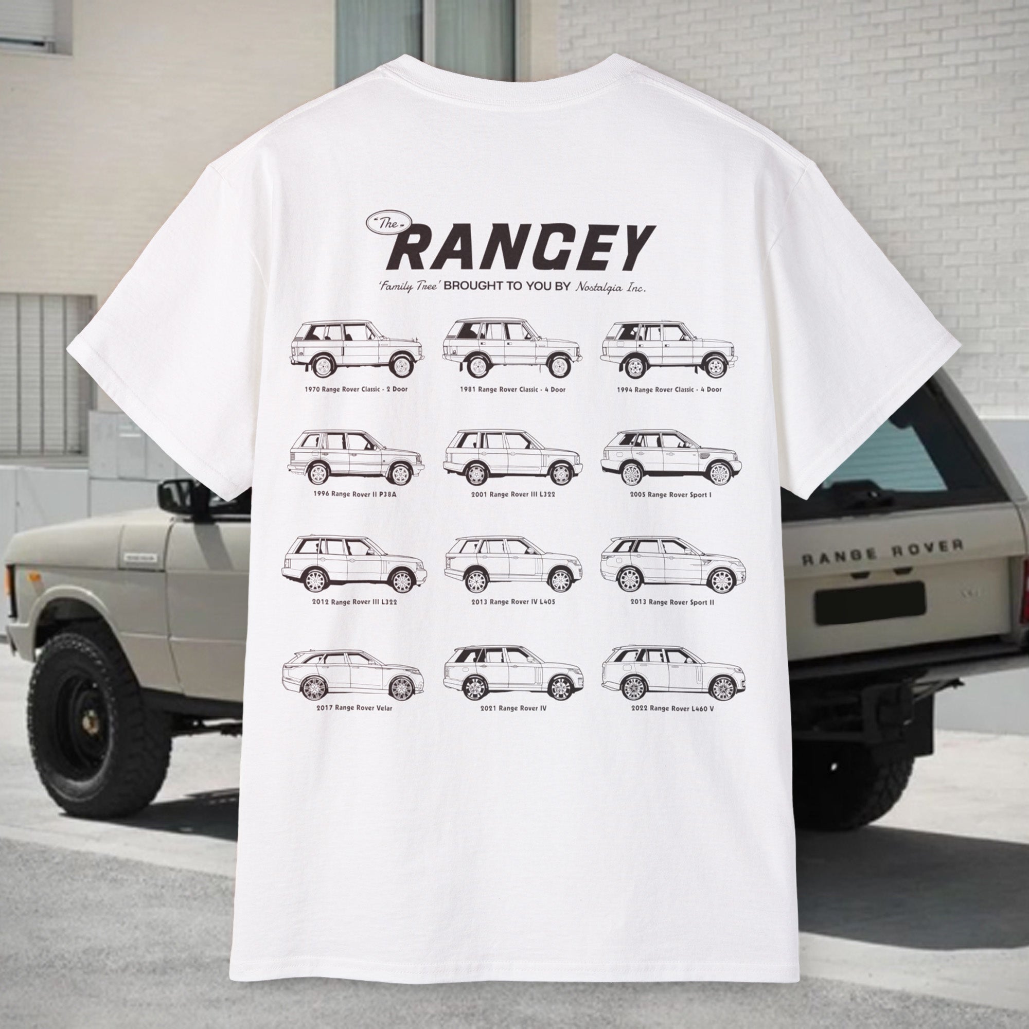 Graphic t-shirt featuring a lineup of iconic Range Rover models from across the decades. Detailed side-view illustrations showcase the evolution from vintage classics to modern luxury 4WDs. Printed on a high-quality, relaxed-fit unisex tee — perfect for Range Rover enthusiasts and collectors. A wearable tribute to the full Range Rover legacy.