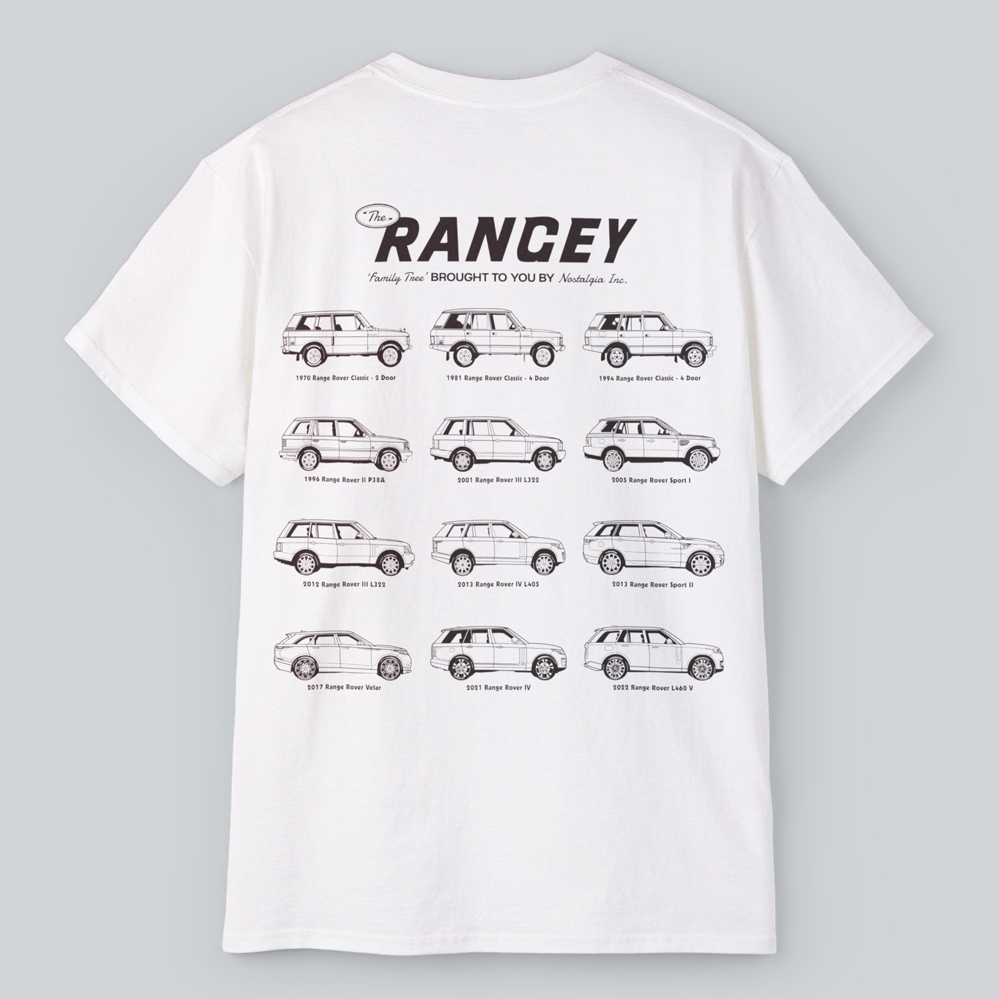 Graphic t-shirt featuring a lineup of iconic Range Rover models from across the decades. Detailed side-view illustrations showcase the evolution from vintage classics to modern luxury 4WDs. Printed on a high-quality, relaxed-fit unisex tee — perfect for Range Rover enthusiasts and collectors. A wearable tribute to the full Range Rover legacy.