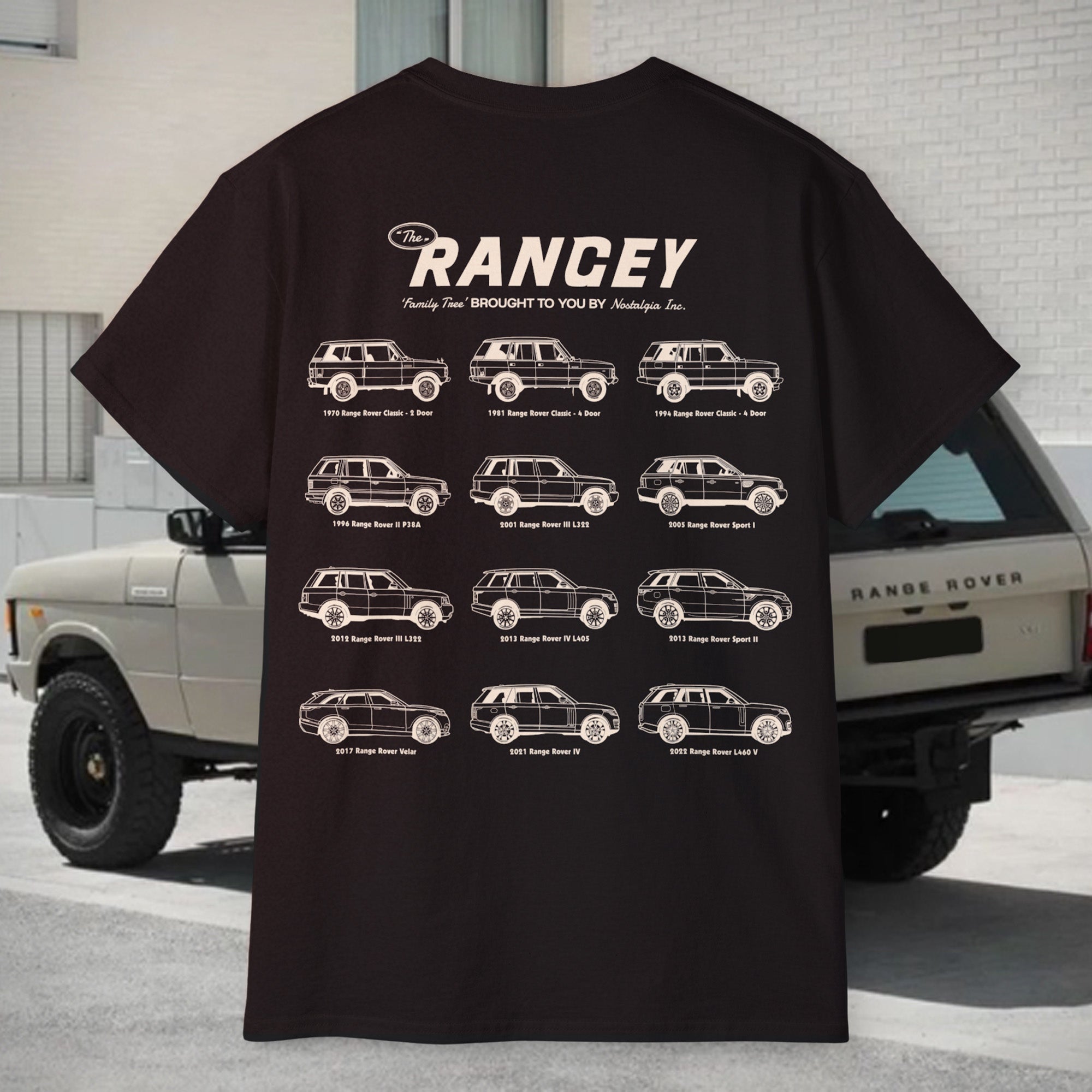 Graphic t-shirt featuring a lineup of iconic Range Rover models from across the decades. Detailed side-view illustrations showcase the evolution from vintage classics to modern luxury 4WDs. Printed on a high-quality, relaxed-fit unisex tee — perfect for Range Rover enthusiasts and collectors. A wearable tribute to the full Range Rover legacy.