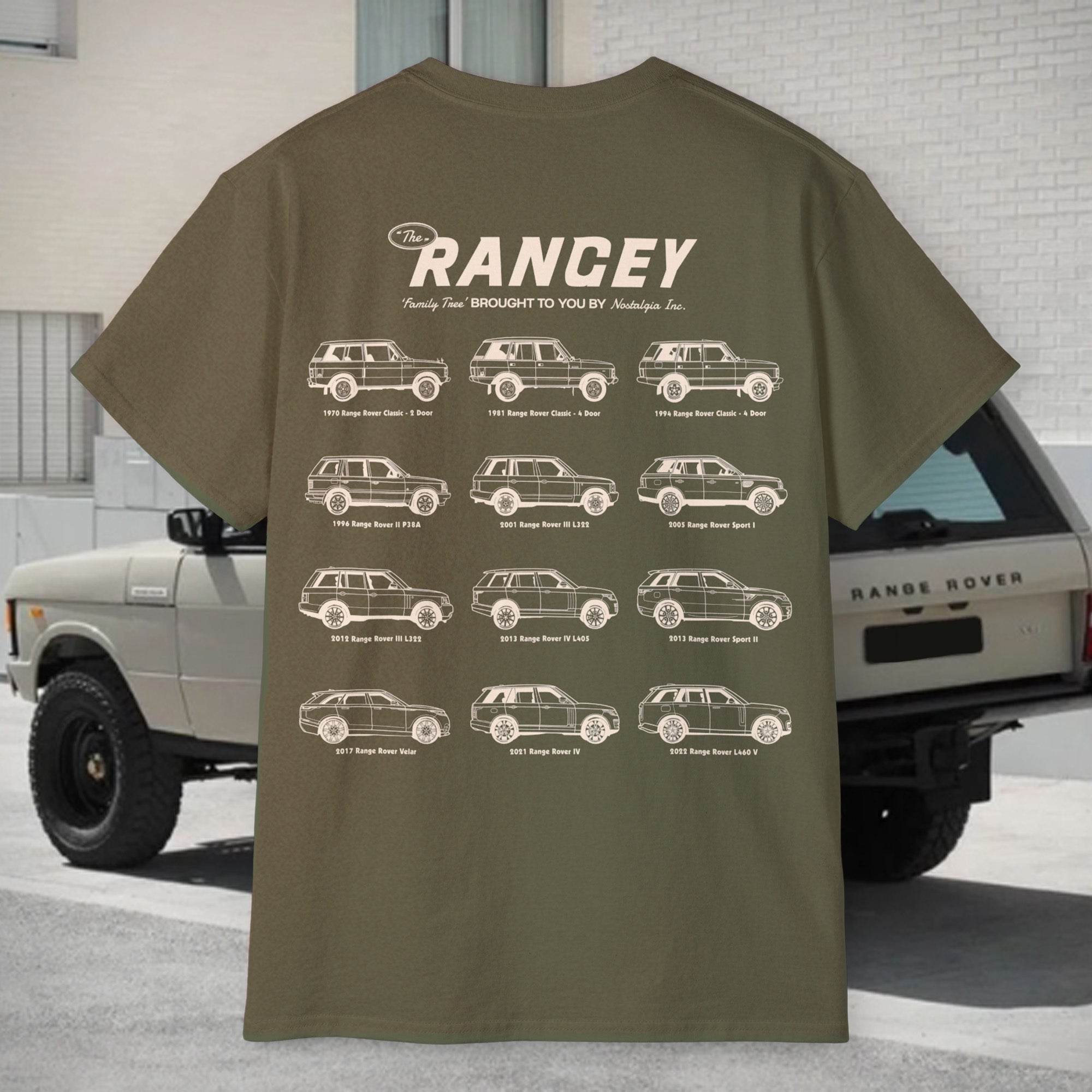 Graphic t-shirt featuring a lineup of iconic Range Rover models from across the decades. Detailed side-view illustrations showcase the evolution from vintage classics to modern luxury 4WDs. Printed on a high-quality, relaxed-fit unisex tee — perfect for Range Rover enthusiasts and collectors. A wearable tribute to the full Range Rover legacy.