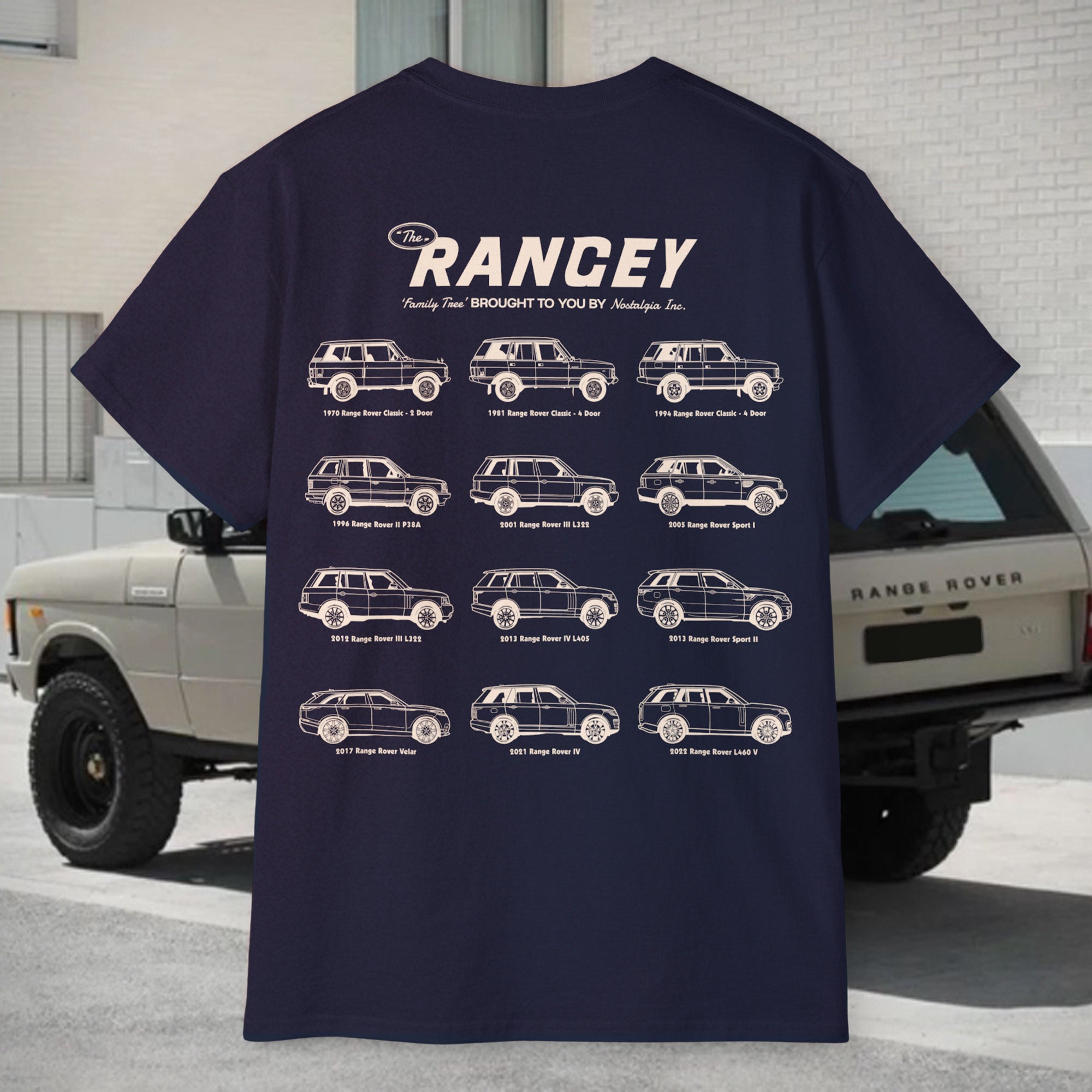 Graphic t-shirt featuring a lineup of iconic Range Rover models from across the decades. Detailed side-view illustrations showcase the evolution from vintage classics to modern luxury 4WDs. Printed on a high-quality, relaxed-fit unisex tee — perfect for Range Rover enthusiasts and collectors. A wearable tribute to the full Range Rover legacy.