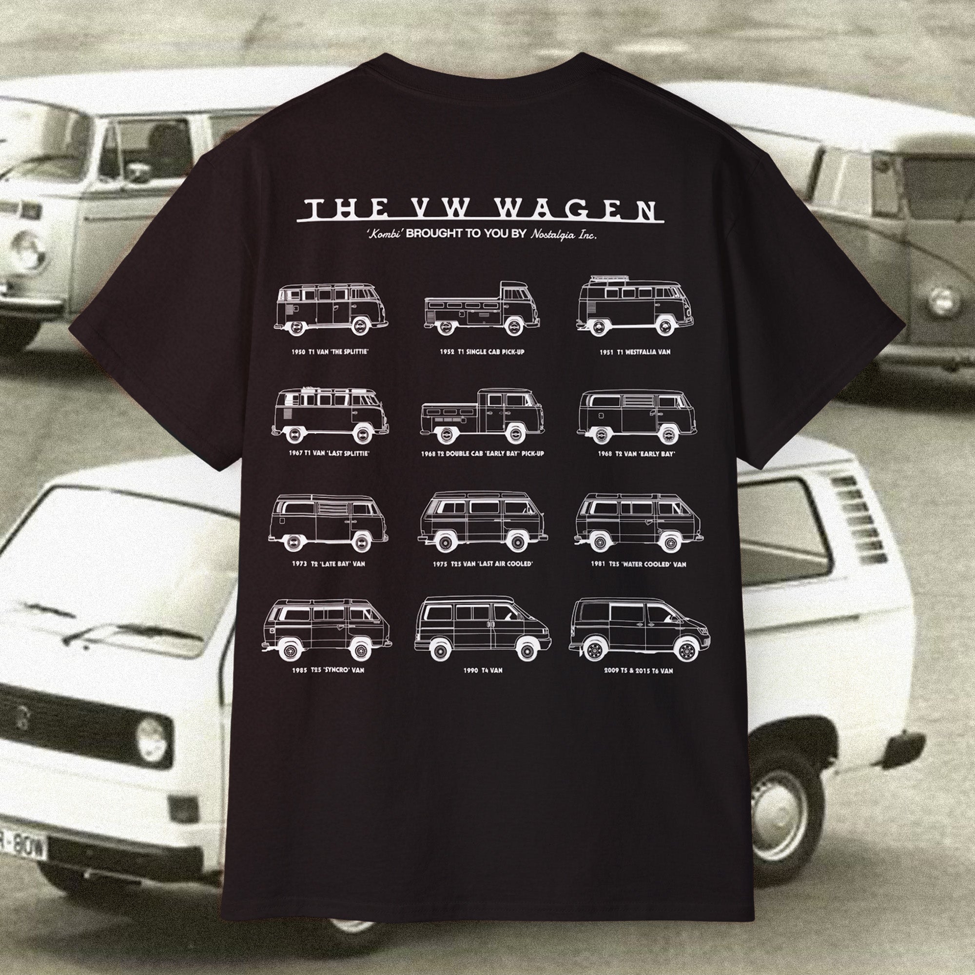 “VW Kombi Van t-shirt featuring side profiles of iconic models from the 1950s to modern day, including the Split Window, Bay Window, T3, T4, and California editions. Perfect for vintage Volkswagen bus enthusiasts, classic van collectors, and Kombi culture lovers. Available globally and shipped within 10 days