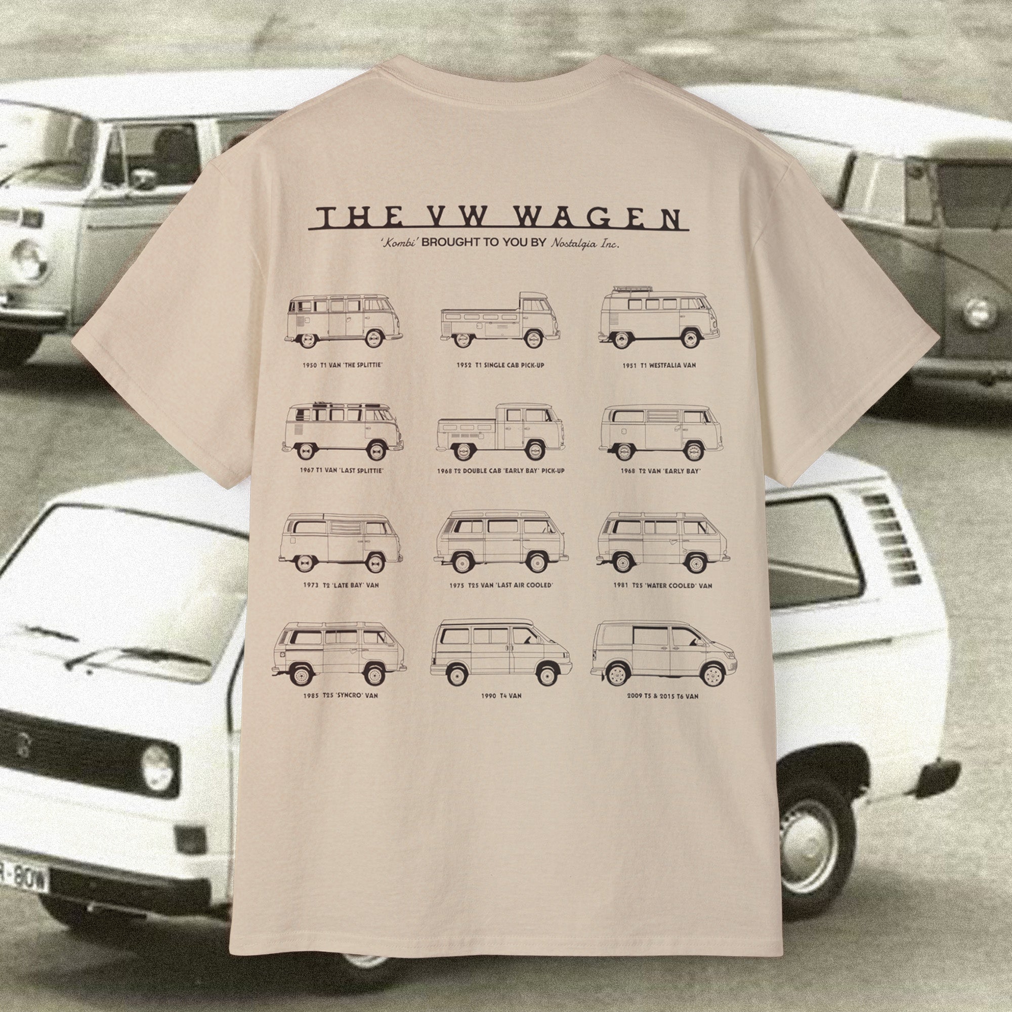 “VW Kombi Van t-shirt featuring side profiles of iconic models from the 1950s to modern day, including the Split Window, Bay Window, T3, T4, and California editions. Perfect for vintage Volkswagen bus enthusiasts, classic van collectors, and Kombi culture lovers. Available globally and shipped within 10 days