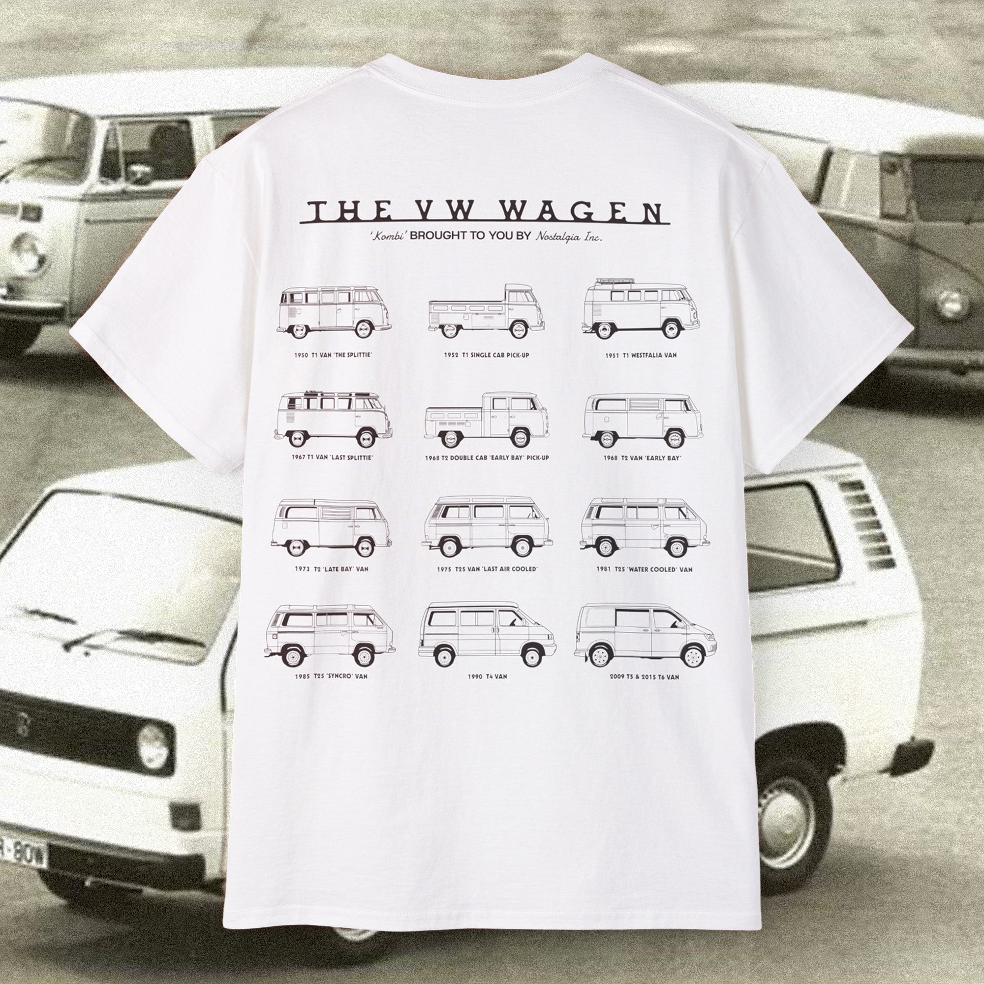 “VW Kombi Van t-shirt featuring side profiles of iconic models from the 1950s to modern day, including the Split Window, Bay Window, T3, T4, and California editions. Perfect for vintage Volkswagen bus enthusiasts, classic van collectors, and Kombi culture lovers. Available globally and shipped within 10 days