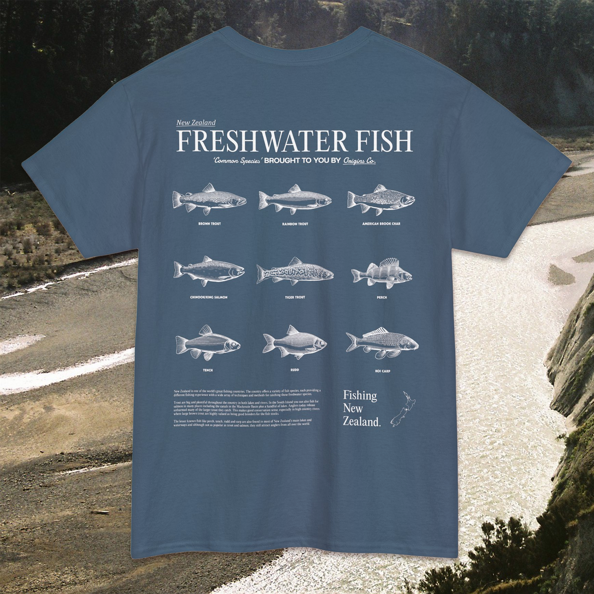 New Zealand freshwater fish t-shirt, NZ freshwater species apparel, Freshwater fish graphic tee, River fish shirt New Zealand, Freshwater fishing t-shirt NZ, New Zealand lake life clothing, Freshwater fish lover tee, Kiwis and freshwater fish apparel, Fish species t-shirt NZ, New Zealand aquatic wildlife shirt, Freshwater habitat t-shirt NZ, Unique NZ freshwater fish t-shirt, Conservation-focused fish graphic tee, NZ river life apparel, Sustainable fishing shirt New Zealand, origins t-shirts.